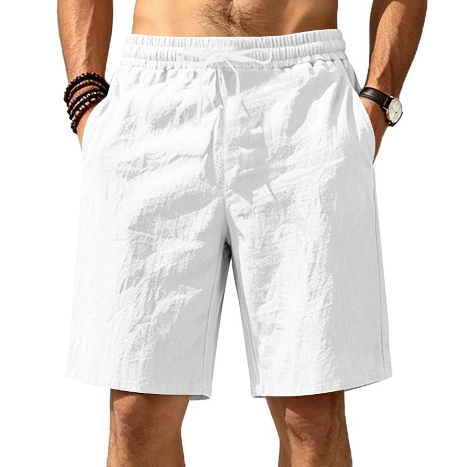 Mens Linen Shorts Elastic Waist Drawstring Summer Shorts Casual Cotton Linen Loose Fit Beach Shorts with Pockets M