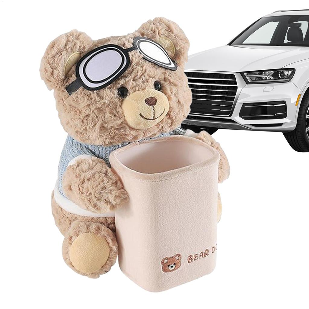 Cute Bear Tissue Holder Trash Can 2-in-1 Car Trash Can & Tissue Box Soft Plush Car Tissue Box Cute and Creative Car Armrest Box