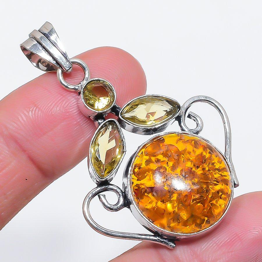 Natural Baltic Amber, Citrine 925 Sterling Silver Jewelry Pendant 2.05" V2n47