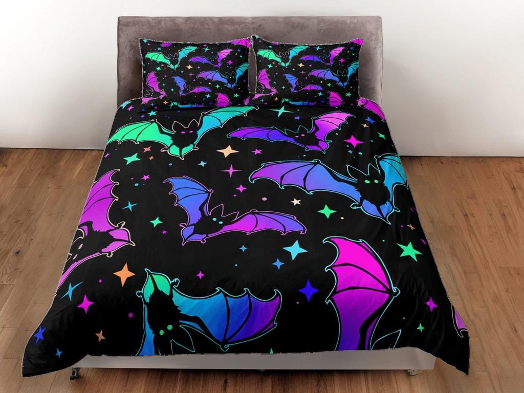 Neon Bats Duvet Cover Set, Gothic Halloween Bedroom Set, Trippy Bat Quilt Cover, Multicolor Bedspread, Custom Bedding set, Beautiful bed set