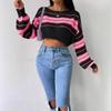 Women Striped Off Shoulder Long Sleeve Crop Top Casual Loose Fit Sweater