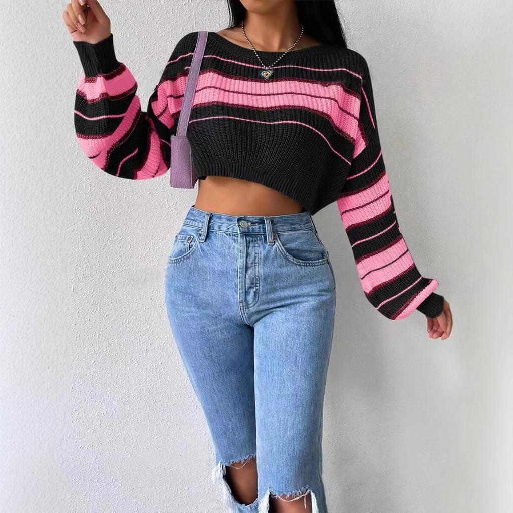Women Striped Off Shoulder Long Sleeve Crop Top Casual Loose Fit Sweater