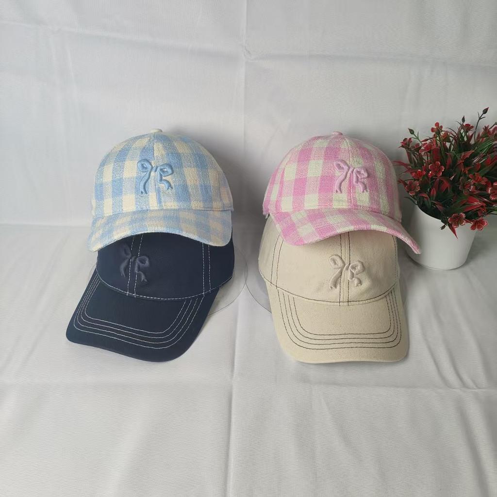 Plaid curved brim cap children's three-dimensional embroidery bow bright line design soft top big head sunshade baseball cap women