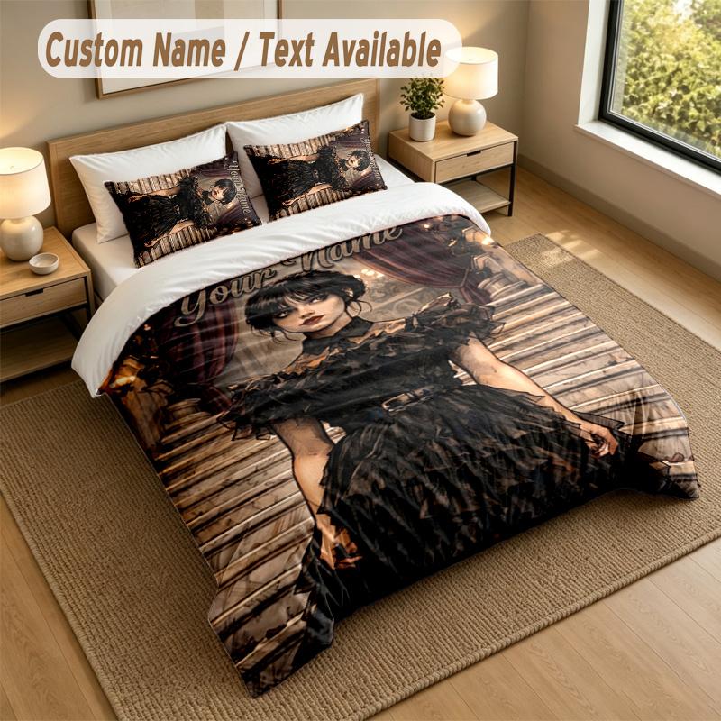3Pcs Bedding Set Custom Name Text, 1 Sheet 2 Pillowcases Home Bed DecorWednesday Addams