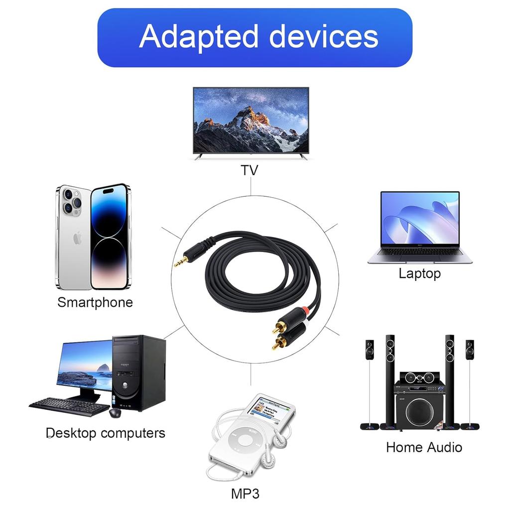 RCA Cables - 59IN/5FT Stereo Jack to 2RCA Plugs for Smartphone, Tablet, HDTV, DVD Player, Home Theater, Speakers, Projector