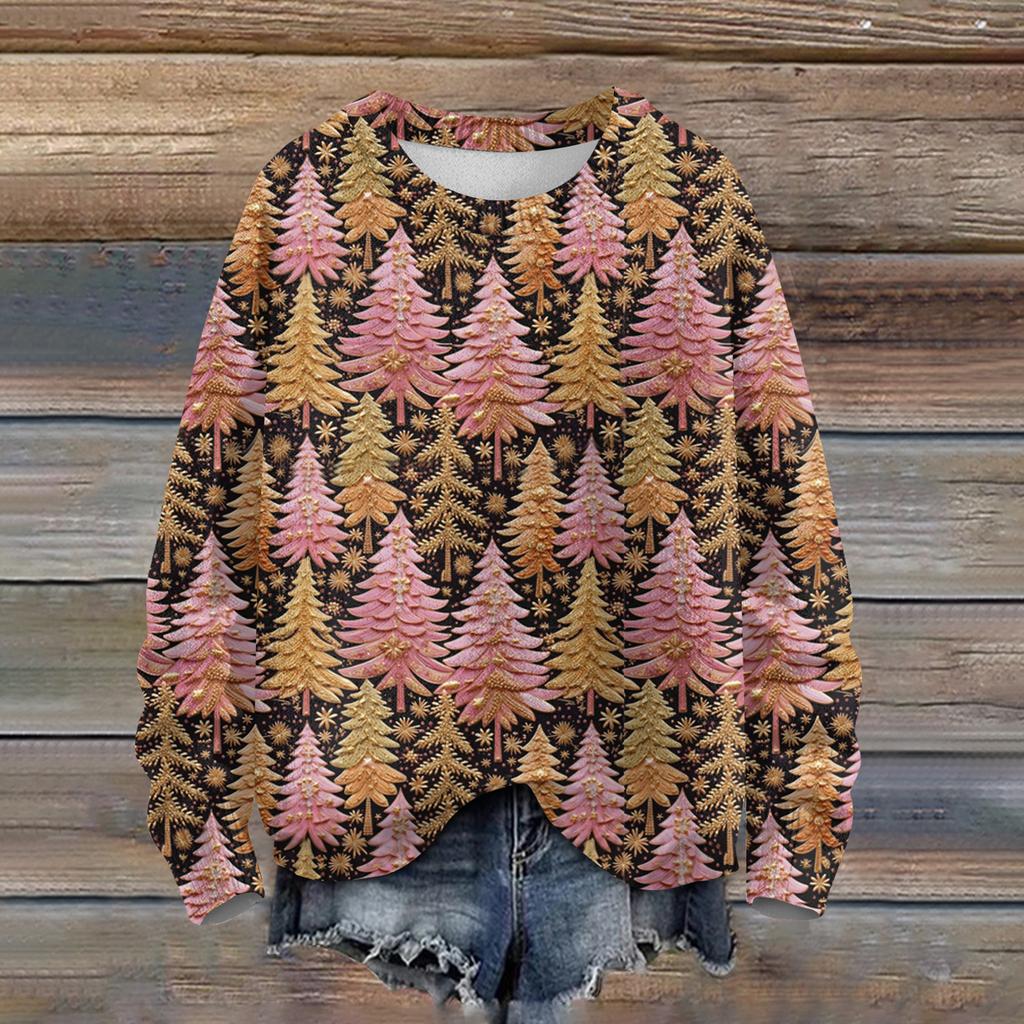 Ladies' Fashionable Casual Long Sleeved Christmas Printed Round Neck Knitted Yarn