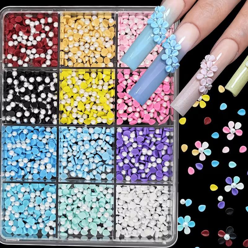 12-Color Macaron Resin Flower & Pearl Nail Art Decoration Set