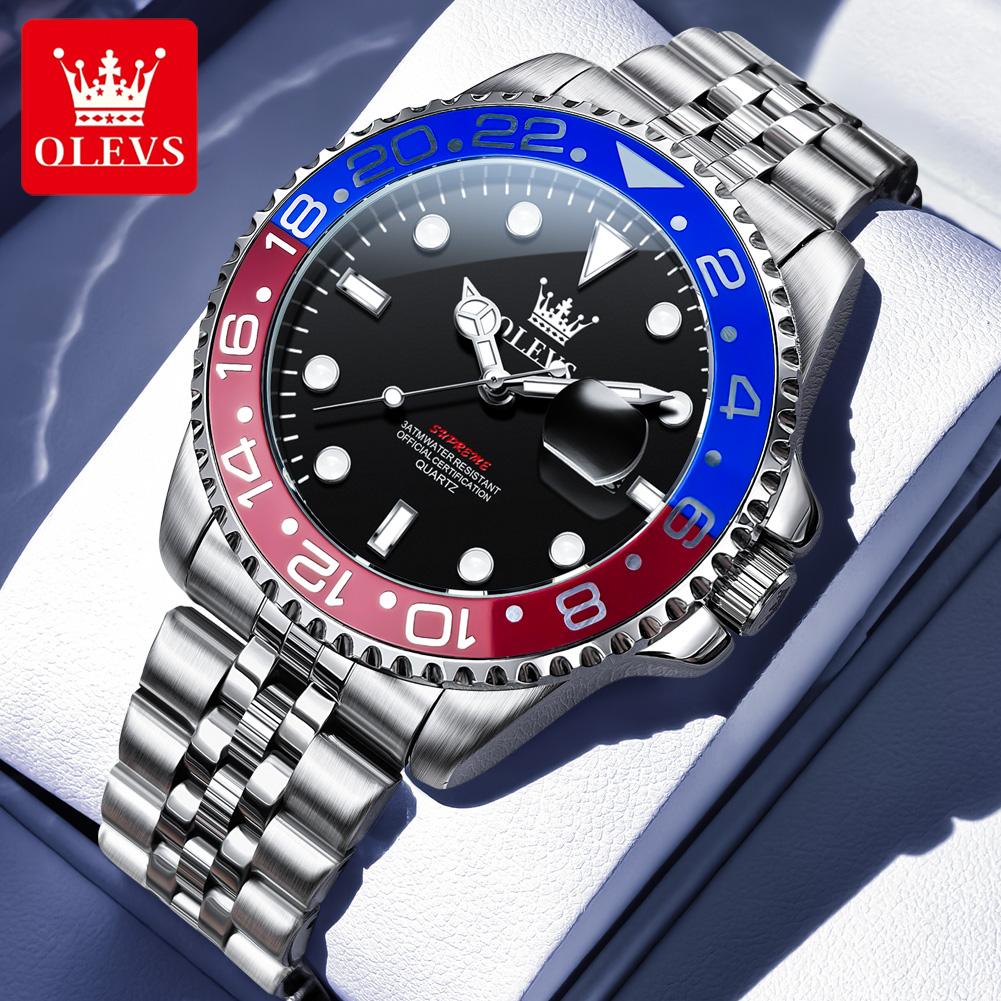 OLEVS Brand Red And Blue Bezel Man Watches Luxury Sporty Wristwatches for Men Quartz Stainless Steel Band Clock Luminous Hands