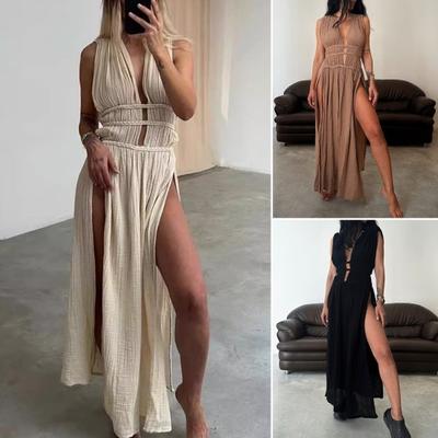 Long Dress Deep V Neck Sleeveless Lace-up Belted Waist Hollow Out Bohemian Style Pleated Split