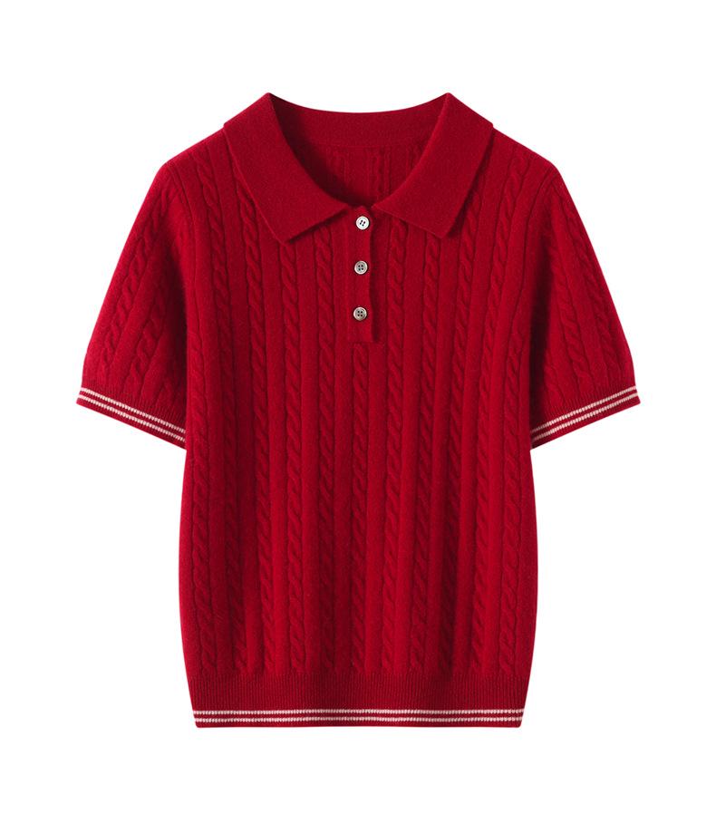 Women's Cashmere Lapel Stripe Patchwork Polo Pullover - Autumn/Winter Collection