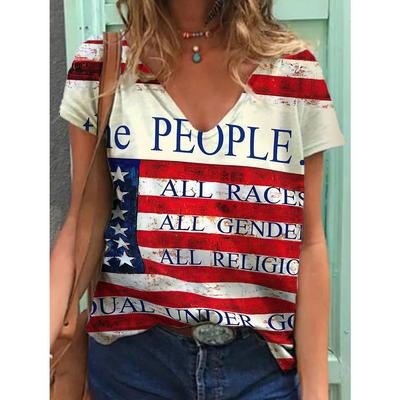 Sommer V-Ausschnitt 3D Amerikanischer Unabhängigkeitstag Bedrucktes Top Modische Lässige Kurzarm Damen T-Shirts