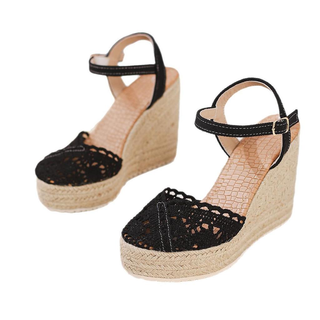 Women's Closed-Toe Wedge Sandals - Thick Sole, Waterproof Platform, Espadrille Style with Hemp Rope and Single Strap.