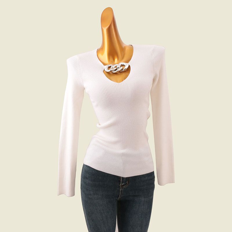 Quality Six Wool V Neck Chain Bottoming Shirt Small Sunken Stripe Silm Long Sleeves Knitting Inner Match Slimming Tops