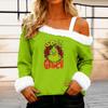 Women's Casual Fashion Sexy Off-Shoulder Collar Christmas Pattern Long Sleeve Crewneck T-Shirt Top