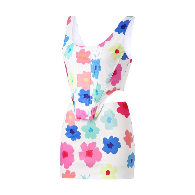 2023 Women Sexy 2Pcs Outfits Sleeveless Bustier Corset Crop Top+High Waist Split Bodycon Mini Skirt Set E-Girl Streetwear