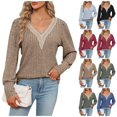 Women's Casual Fashion V-neck Pullover Color Loose Commuting Long-sleeved Lace Edge Color T-shirt