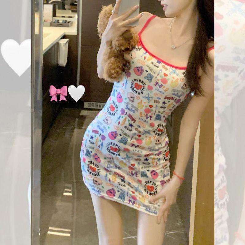 Style Dopamine Wear Spice Girl Hip Wrap Short Skirt Heavy Industry Contrast Color Graffiti Print Waist Slim Sling Dress