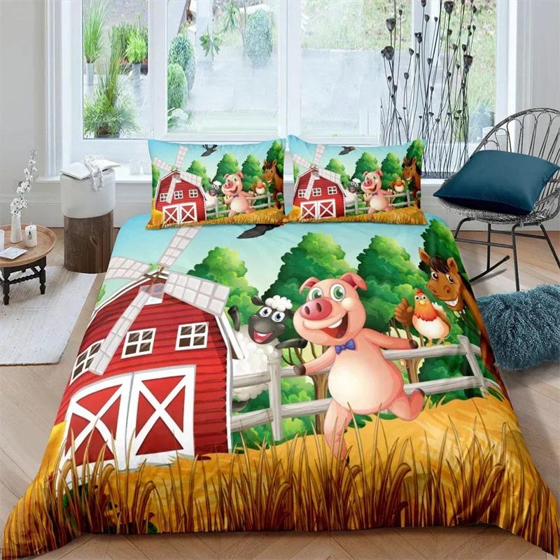 Farm Animal Duvet Cover Kawaii Pig Bedding Set Polyester Pigs Floral Comforter Cover Twin King For Teen Boy Girl Gift Room Decor