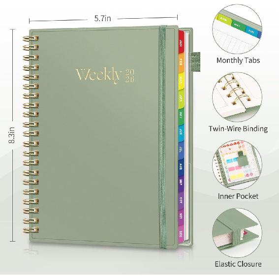 EMSHOI 2026 Planner Weekly and Monthly, Week on One Page with Notes, A5 (5.7"x8.3"), Jan-Dec 2026 Calendar Agenda with Monthly Tabs, Note Pages,