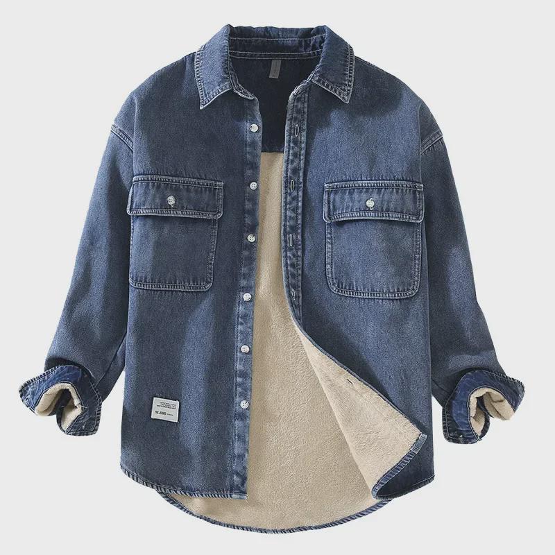 Japanese Retro Plus Velvet Denim Men's Shirt: Thickened, Washed, All-Match Outdoor Wear