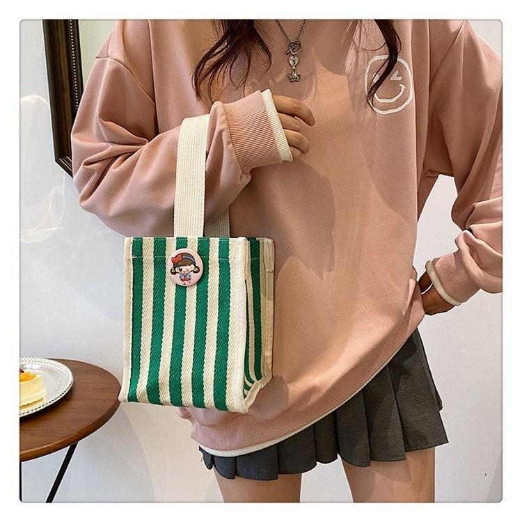 Stylish Colorful Striped Nylon Shoulder Tote Bag For Women Trendy Handheld Lunch Bag