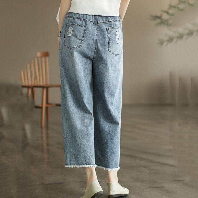 Vintage Style Embroidery Denim Pants Female Summer New Cropped Straight Leg Wide Leg Pants for Women High Waist Loose Tassels Jeans Women 2025
