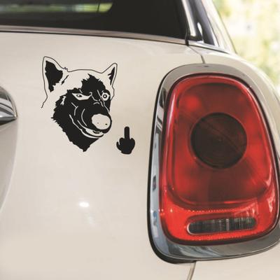 Zabawny fajny poważny pies Husky przewracający palcem samochód ciężarówka SUV laptop naklejka naklejka