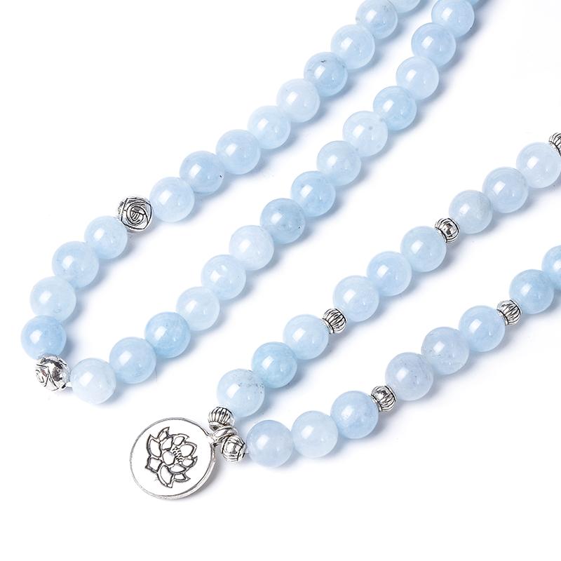 Pulseira de contas Mala 108 Aquamarine de 8 mm Yoga Japamala Rosário Joia com cordão elástico Pulseira enrolável para mulheres