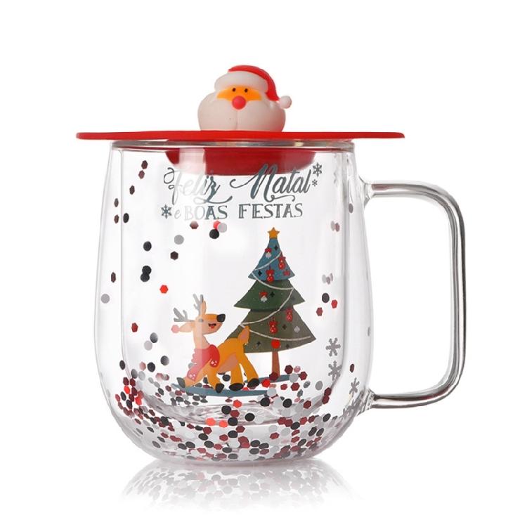 Insulated Christmas Glasswares Holiday Seasonal Coffee Mugs Insulated Glass Cup for Coffee Hot Chocolate