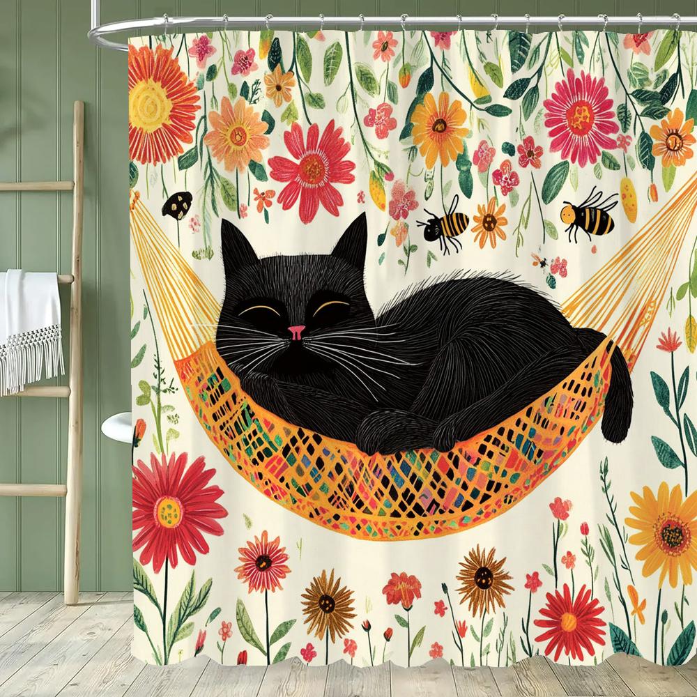 Cartoon Hipster Cat Shower Curtain - With Hooks, Easy To Clean, Adds a Quirky and Stylish Touch To Your Bathroom Decor Curtain