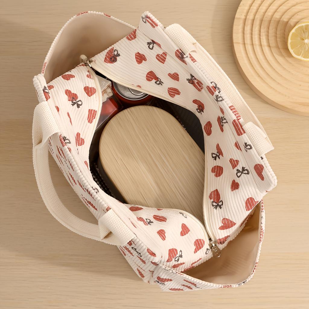 Corduroy Insulated Lunch Bag Large Capacity Reusable Tote With Handles And Zipper Multifunctional Durable Bento Box Carrier Floral Pattern Neutral