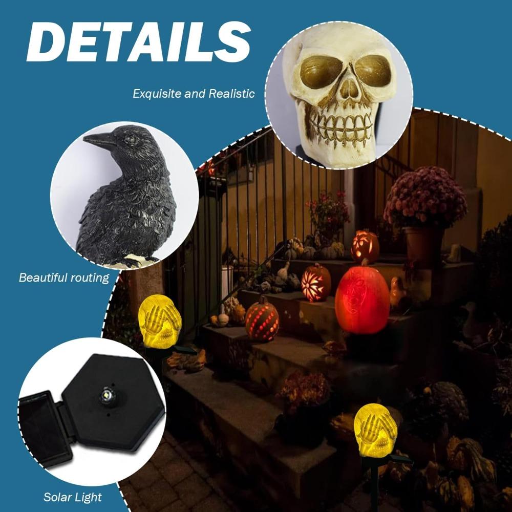 Solar Lights Outdoor 1 Set Crow on Skull Solar Halloween Lights with Stake Waterproof LED Light Decorations for Outdoor Decor