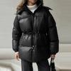 Women's Hooded Down Jacket Drawstring Waist Warm Parker Coat Solid Pocket Zipper Outwear Thicken Long Sleeves Coats