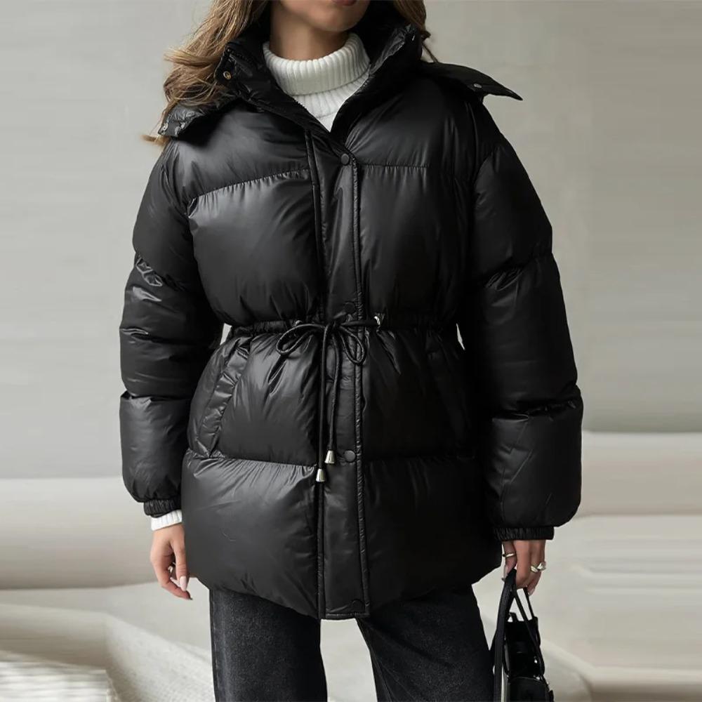 Women's Hooded Down Jacket Drawstring Waist Warm Parker Coat Solid Pocket Zipper Outwear Thicken Long Sleeves Coats
