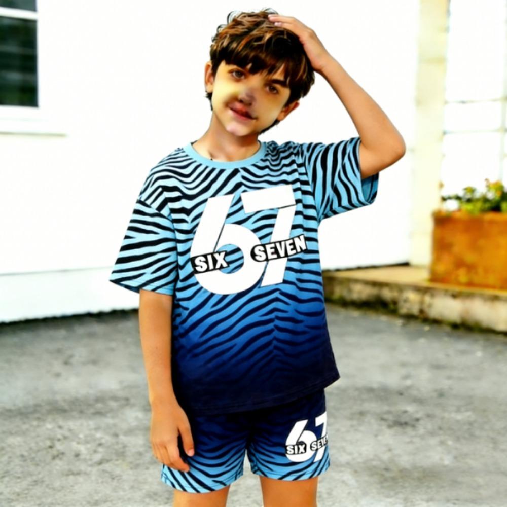 Gradient Zebra Color 67 Printed Kids T-shirt and Shorts 2 Piece Set Summer Casual Outfit for Boy's and Girl's Kids Clothing Top