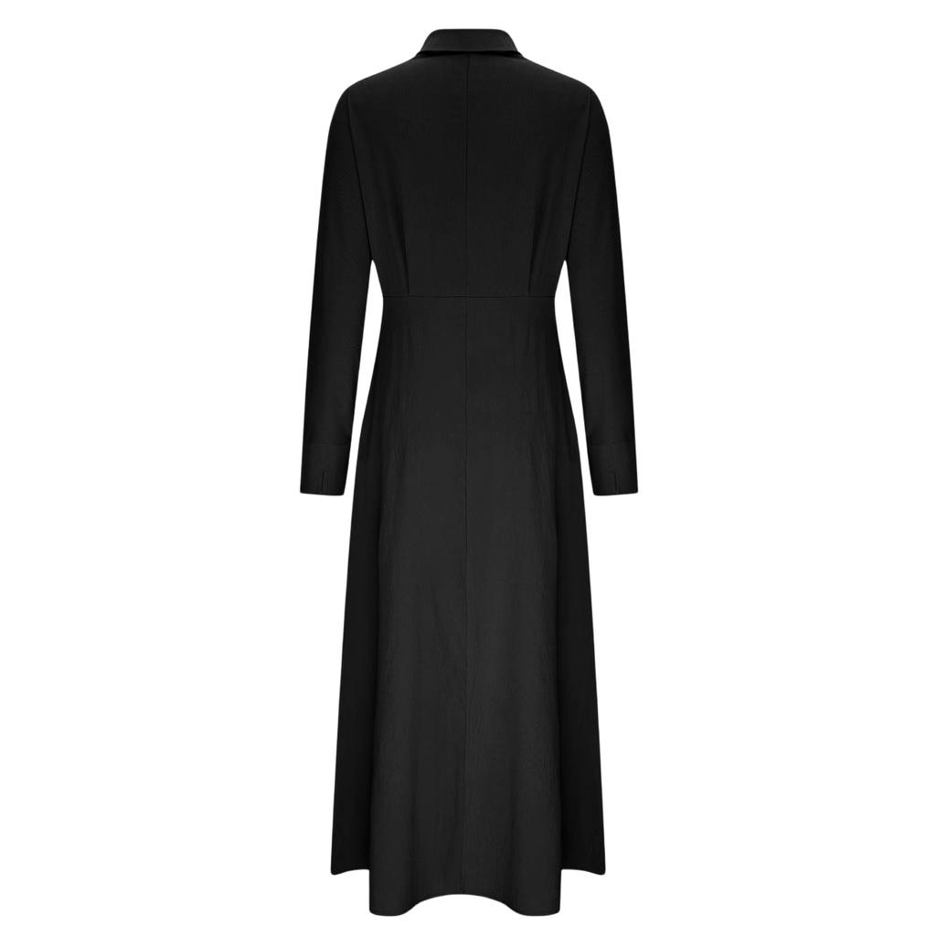 Women's Fashionable Color Lapel Long Sleeved Hem Slit Casual Shirt Dress