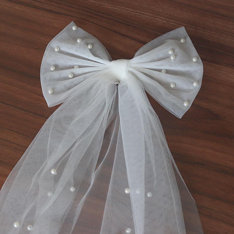 Double-Layer Pearl Bow Veil Hair Clip for Engagements & Weddings