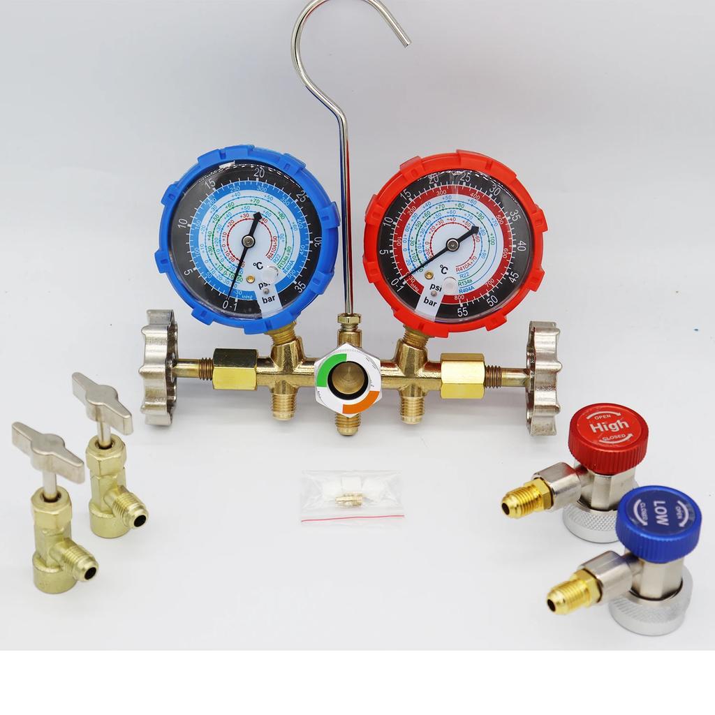 Refrigerant Manifold Meter Kit for Automotive Air Conditioning Charging of R410A, R22, R134a, R404A Refrigerants