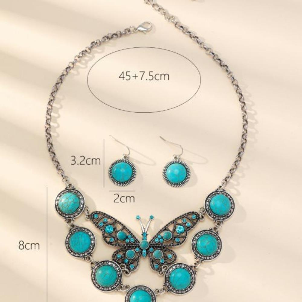 Exaggerated Bohemian Vintage Turquoise Butterfly Necklace Earrings Set Ornament