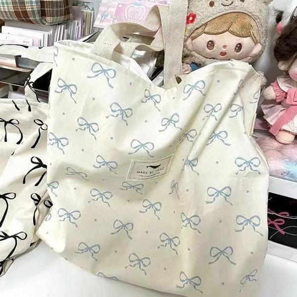 Retro Korejský Styl Plátěná Taška s Mašlí - Velká Ramenní Taška na Jarní/Letní Dovolenou