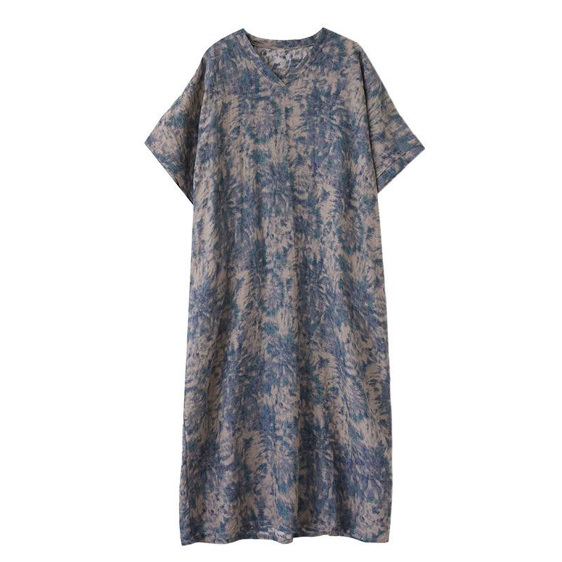 Summer New Cotton and Linen Literary and Retro V-neck Printed Shoulder Sleeves Large Size Casual Foreign Trade Dress Women