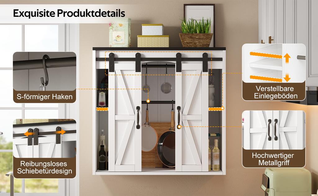 Armario de Pared para Cocina con 2 Puertas Correderas y Estantes Ajustables, Armario de Pared de Almacenamiento para Sala de Estar, Baño y Lavadero, 80 × 31 × 76 cm