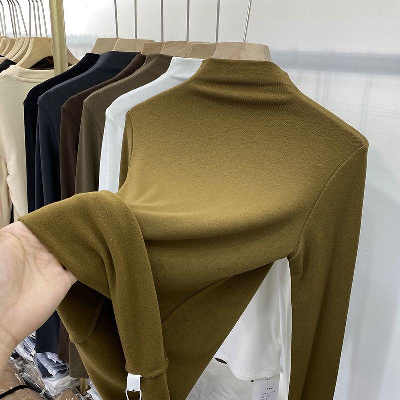 Women's Elastic Slim-Fit Long-Sleeve Half-High Collar Fleece T-Shirt - Soft, Skin-Friendly, 2022 Autumn/Winter Collection