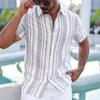 Men's Blue White Vertical Stripe Short Sleeve Shirt Casual Button Down Summer Blouse