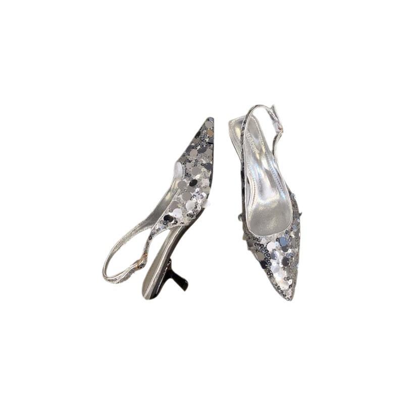 French sequined beautiful bag head sandals 2025 spring new one-word belt niche bag head lightweight pointed high heels