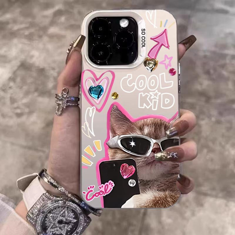 

Cool Sunglasses Cat Electroplate Silver Phone Case For iPhone 17 16 15 14 13 12 11 Pro Max 17 Air 16E 7 8 Plus X XS XR Cover iPhone 16 Pro
