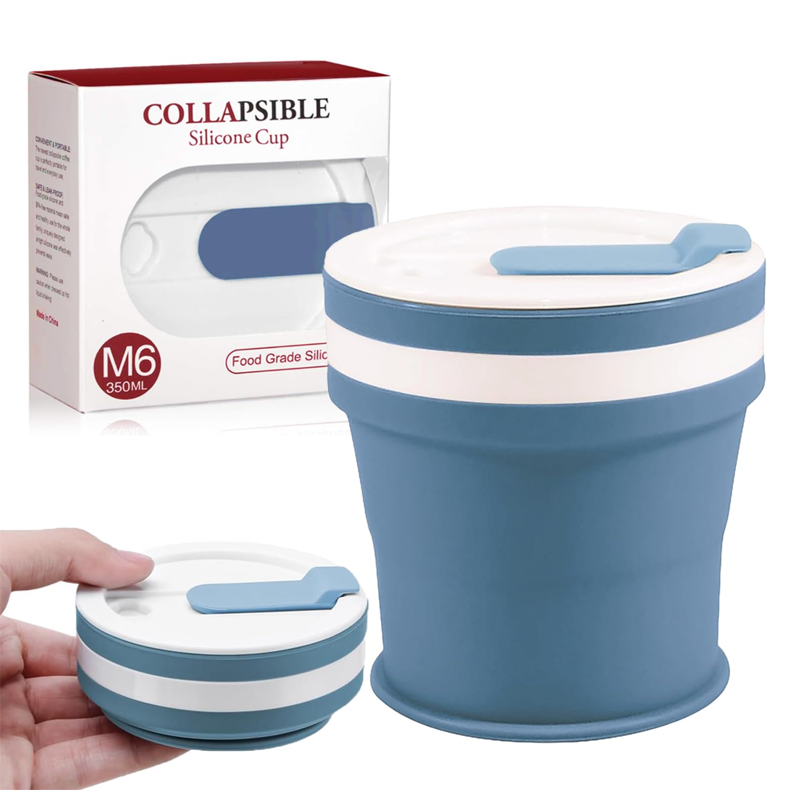 Geerow Folding Cup with Lid, 350ml, Insertable Straw, Portable Coffee medium size синий