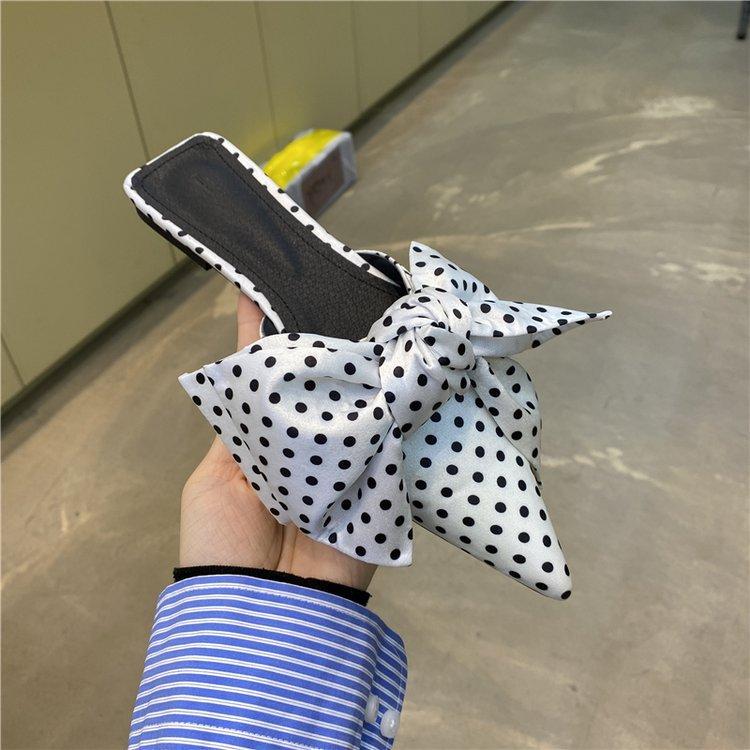 Fashion Oversize Bowtie Mule Shoes Women Fashion Pointed Toe Stripe Wave Slip-on Sandals Ladies Luxury Satin Silk Outdoor Flat Slippers