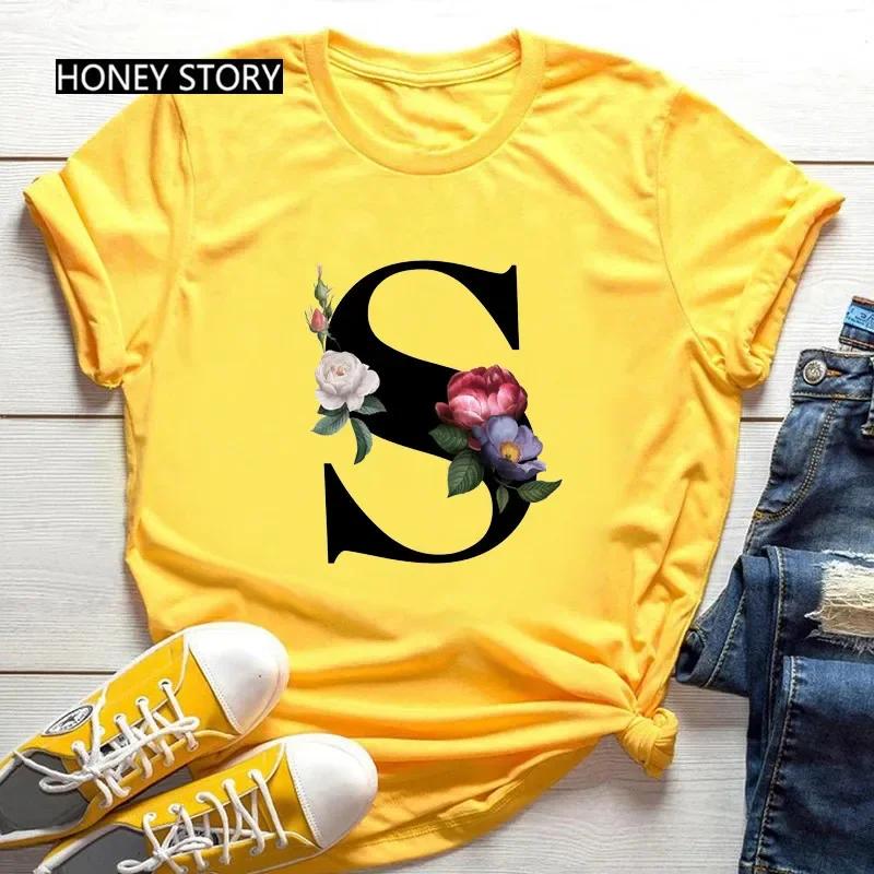 Women's Summer Short Sleeve T-Shirts Fashionable Casual Round Neck 26 English Letters Flower & Name Letter Printed Cotton T-shirts