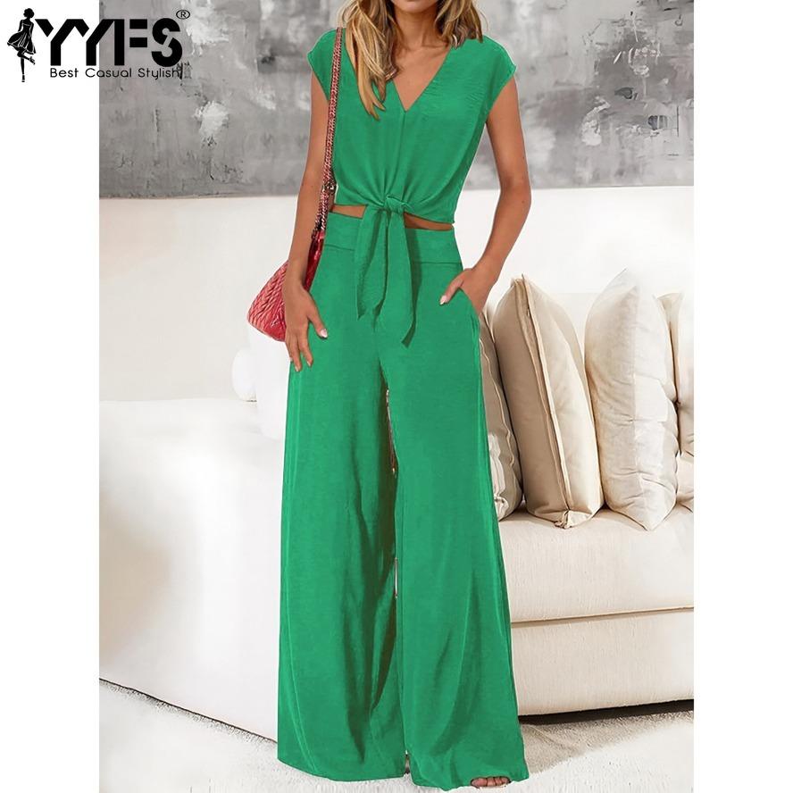 YYFS Women's Fashion Casual Summer Spring Solid Color Print Short Sleeve V-Neck Trousers Pants Suits